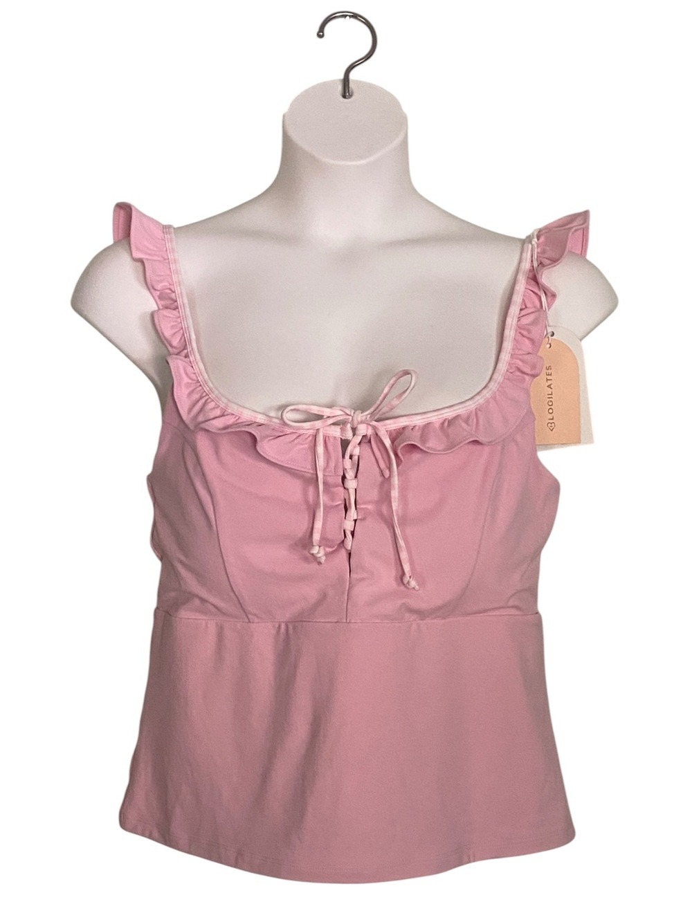 BLOGILATES Ruffle Lace Up Tank Top Tie Pink Coquette Womens Plus Size 1X NWT